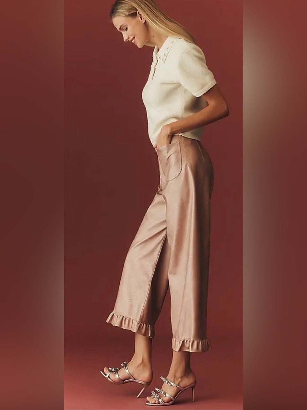 NWT Maeve Colette Crop Metallic Faux Leather Ruffle-Hem Pants Pink Metallic 27 - Picture 4 of 16